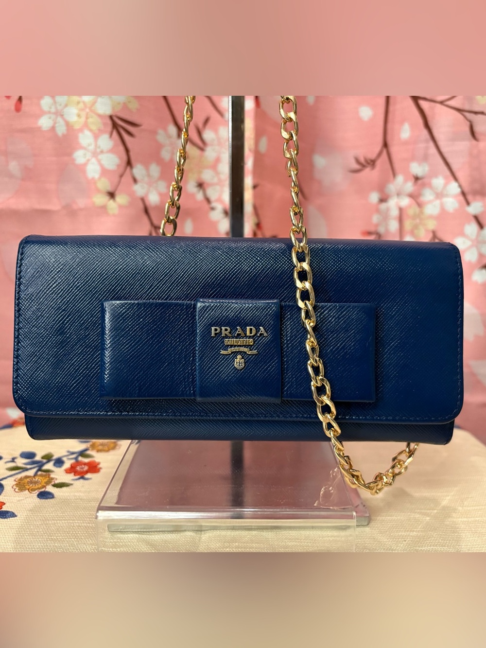 Prada Saffiano Leather Bow-Tie Long Wallet with Gold Chain Bluette Blue Authcard